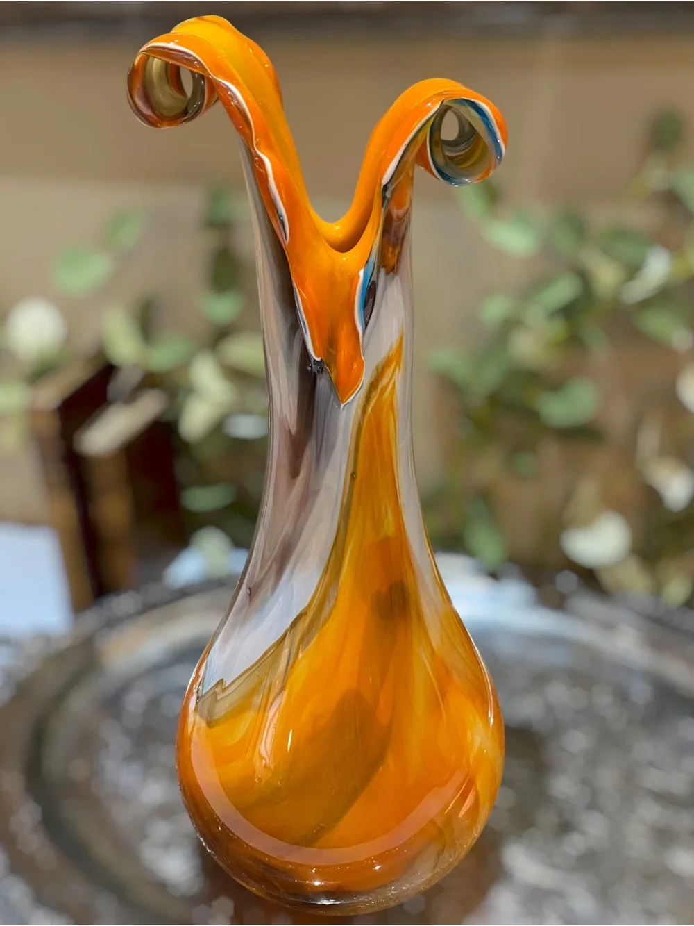 Vintage Murino Large 15” Hand Blown Art Glass Vase Fantastic Curled Rim Orange